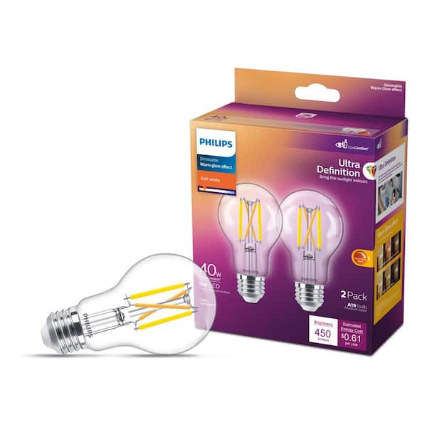40-Watt Equivalent A19 A-Style Ultra Definition Dimmable E26 LED Light Bulb Soft White with Warm Glow 2700K (2-Pack)