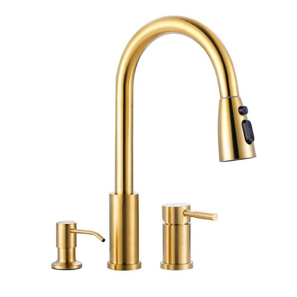 15 in. H Stainless Steel Pull Down Sprayer Kitchen Faucet with Soap Dispenser, 360° Swivel Spout in Brushed Gold