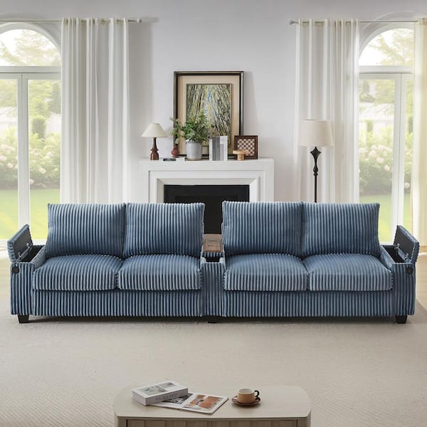 133 in. Square Arms Corduroy Rectangle Sofa in. Blue with USB Ports and Hidden Storage Arms
