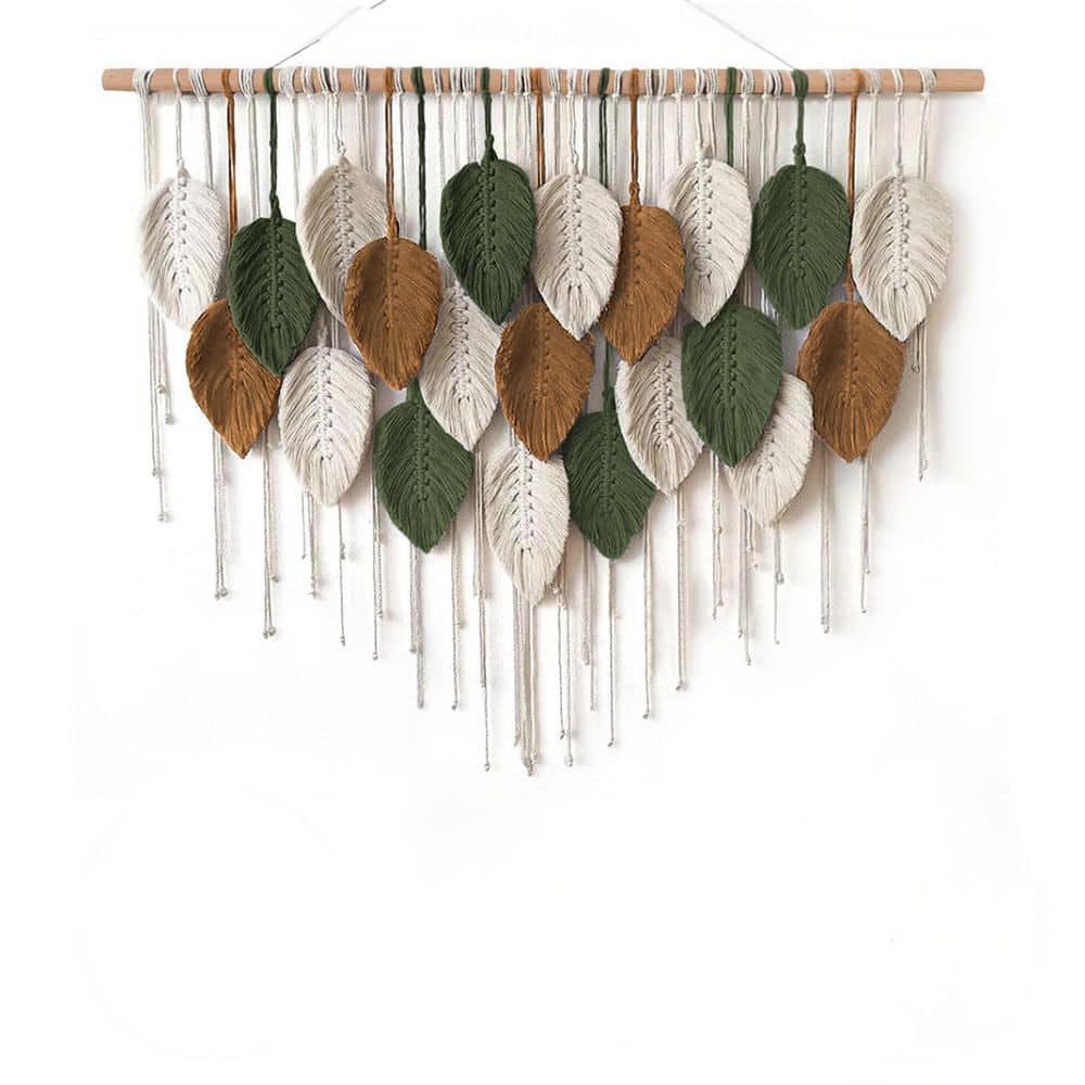 39 in. x 24 in. White Woven Tapestry, Handmade Leaf Feather Large Wall Hang