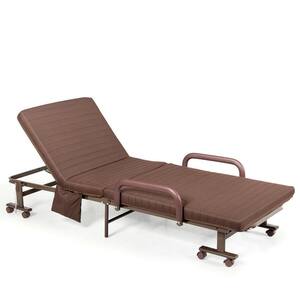 Steel Frame Outdoor Patio Adjustable Guest Single Bed with Brown Cushion Lounge Chair with Portable Wheels