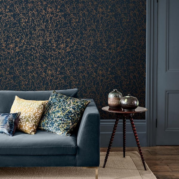 Clarissa Hulse Gypsophila Midnight Blue and Copper Removable Wallpaper Sample