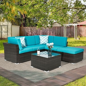 Outdoor Conversation 4-Pieces PE Rattan Wicker Sectional Sofa Sets with Tempered Glass Table and Lake Blue Cushions