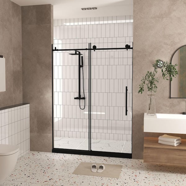 56-60 in. W x 76 in. H Frameless Sliding Shower Door in Matte Black with 1/4 in. (6 mm) Clear Tempered Glass