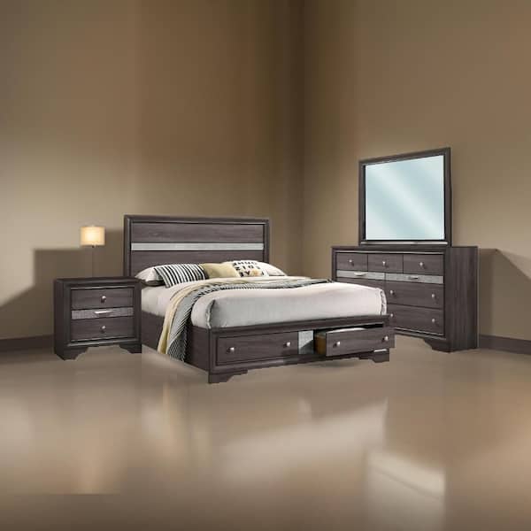 Benjara Isy 4-Piece Contemporary Gray Wood Queen Size Bedroom Set with Silver Accent Knobs