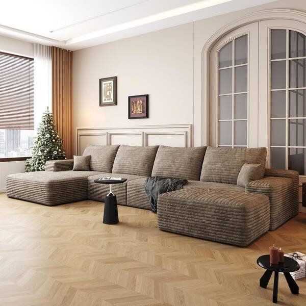 135 in. Square Arms 5-Seat Corduroy Modular Sectional Sofa with Ottoman and Chaise in Camel, Deep Seat Compressed Sofa