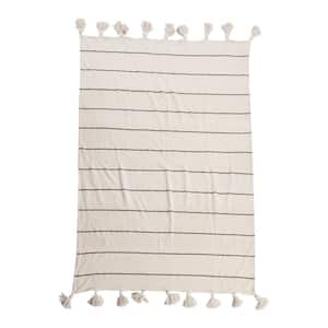 Brown, Natural Thin Striped Cotton Throw Blanket Decorative Tassels