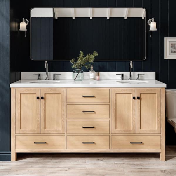 ARIEL Cambridge 72 in. Double Sink Freestanding Bathroom Vanity in Oak with Pure White Quartz Top