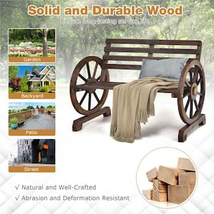 2-Person Brown Wagon Wheel Wood Outdoor Bench Armrests Rustic