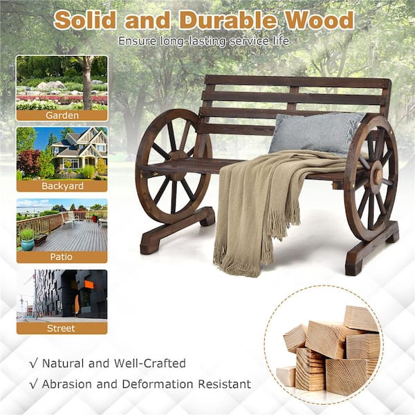 2-Person Brown Wagon Wheel Wood Outdoor Bench Armrests Rustic