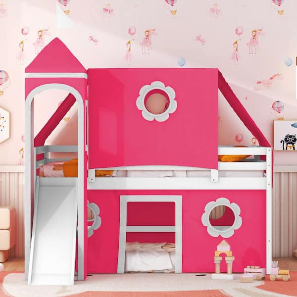  Pink Full Size Wood Loft Bed with Slide, Tent, Tower and Flower Windows