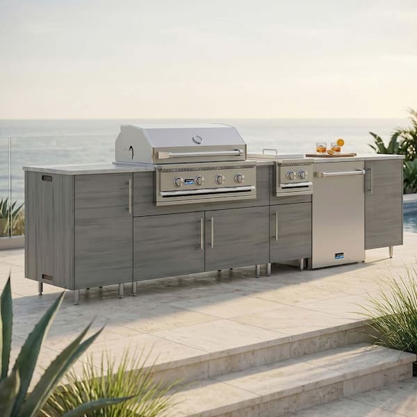 Nightfall 126 in. W 4-Burner Propane Grill Island in Miami Dark Ash Gray with Fridge, Side Burner, Cabinet