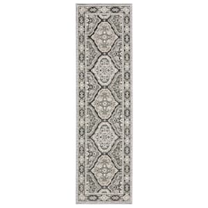 Edgewater Gray/Ivory 2 ft. x 8 ft. Traditional Trefoil Panel Medallion Polyester Indoor Runner Area Rug