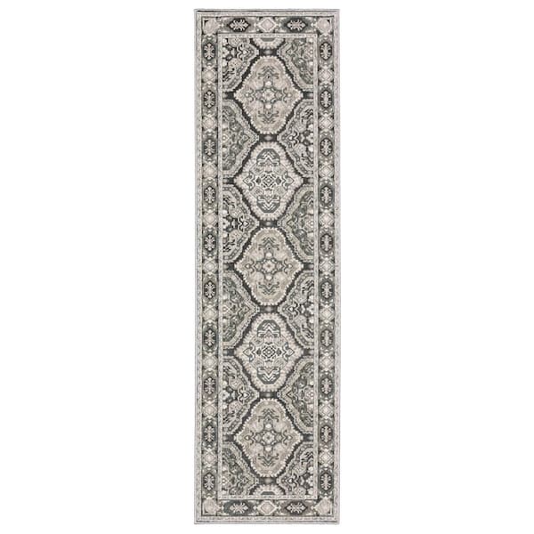 Edgewater Gray/Ivory 2 ft. x 8 ft. Traditional Trefoil Panel Medallion Polyester Indoor Runner Area Rug