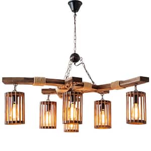 39.3 in. 6-Light Brown Industrial Vintage Farmhouse Style Chandelier with Wood Shades