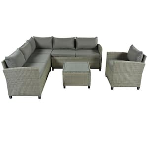 5-Piece Outdoor Patio Rattan Furniture Set Conversation Set with Coffee Table, Gray Cushions and Single Chair