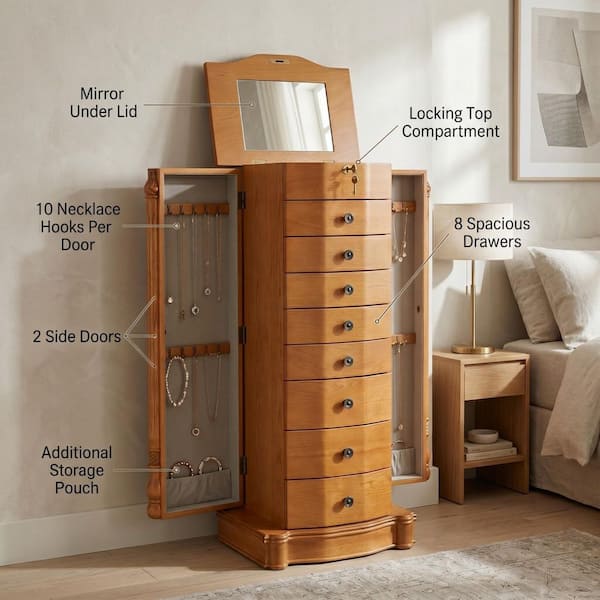 HIVES HONEY Elizabeth Honey Oak Jewelry Armoire 6008-547 - The