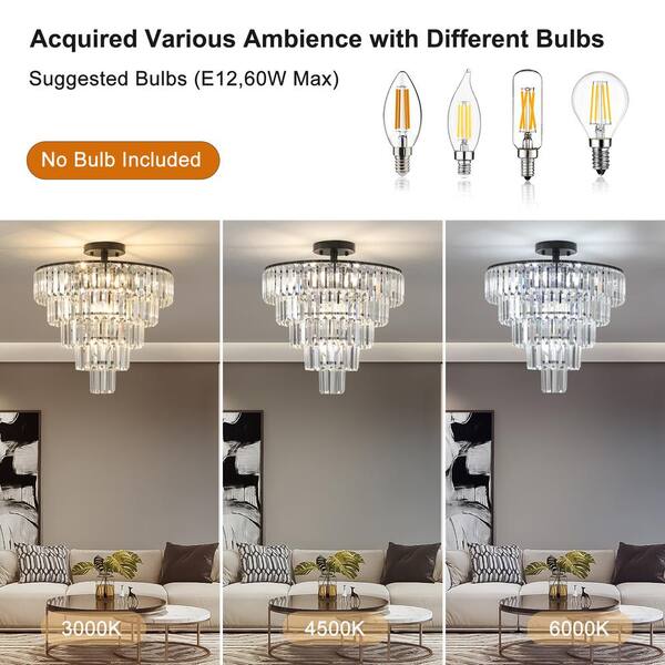 19.7 in. 10-Light Black Flush Mount Chandelier with Crystals