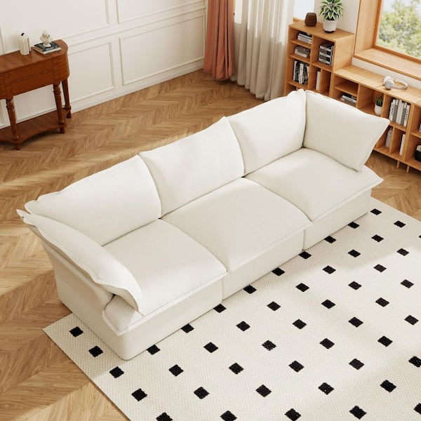 Cloud 123 in. Flared Arm Reversible 3-piece Linen Modular Sectional Sofa with Detachable Covers in White for Living Room