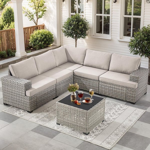 Modern Modular 6 Pieces Patio Furniture Set Outdoor Wicker Sectional Sofa with Coffee Table Comfy Beige Cushions