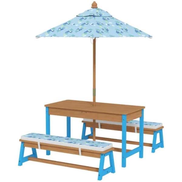 Unbranded 35 in. Rectangle Wood Outdoor Picnic Table Set with Umbrella in Natural Brown