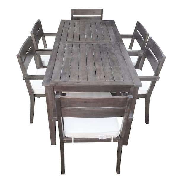 Gray 7-Piece Acacia Wood Outdoor Dining Set with Beige Cushions