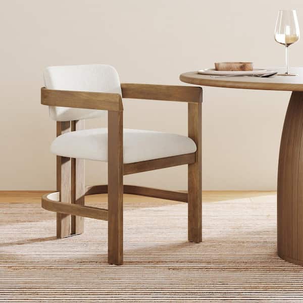 Veya Light Brown Boucle Upholstered Dining Chair with Curved Back, Full Armrests, and Solid Wood Legs