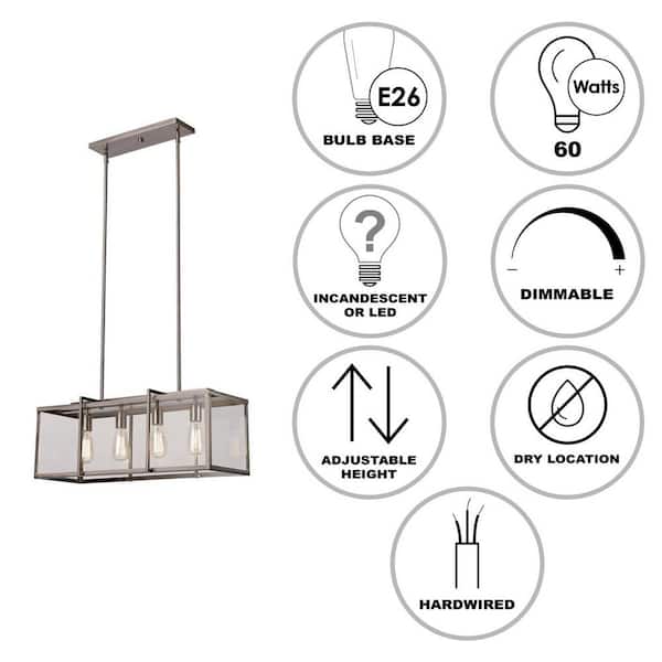 Eastwood II 28.5 in. 4-Light Brushed Nickel Kitchen Island Pendant Light Fixture with Clear Glass Shade