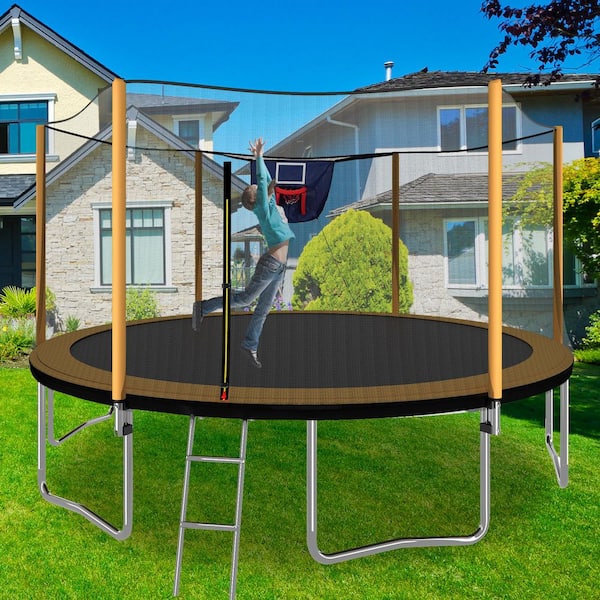 14FT Advanced Trampoline with Basketball Hoop Inflator and Ladder in Orange