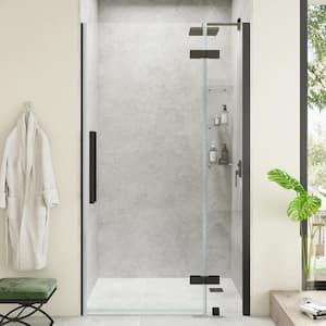Tampa 43 11/16 in. W x 72 in. H Pivot Frameless Shower Door in Black With Shelves