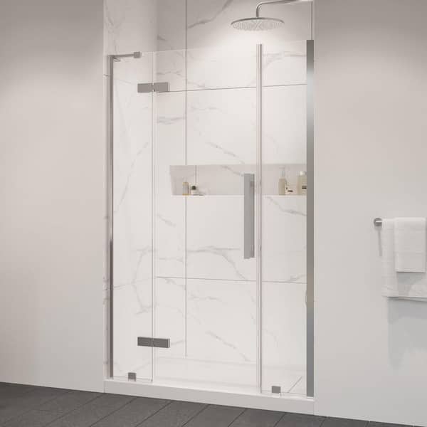 OVE Decors Tampa 48 in. W x 32 in. L x 72.01 in. H Alcove Shower Kit with Pivot Frameless Door in Satin Nickel and Shower Pan