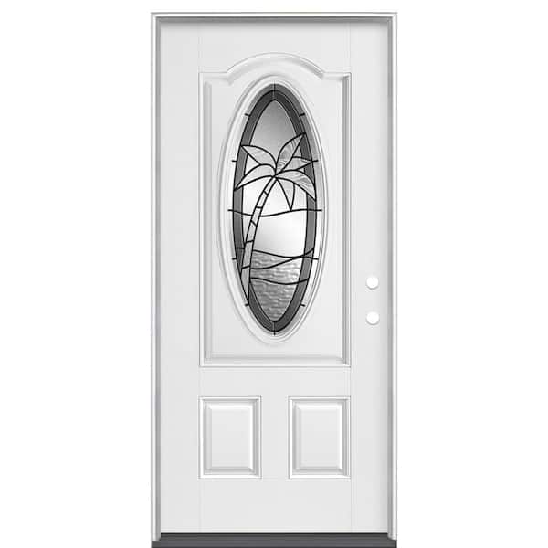 Masonite 36 in. x 80 in. Palm Tree 3/4 Oval-Lite Left Hand Inswing Primed Smooth Fiberglass Prehung Front Exterior Door