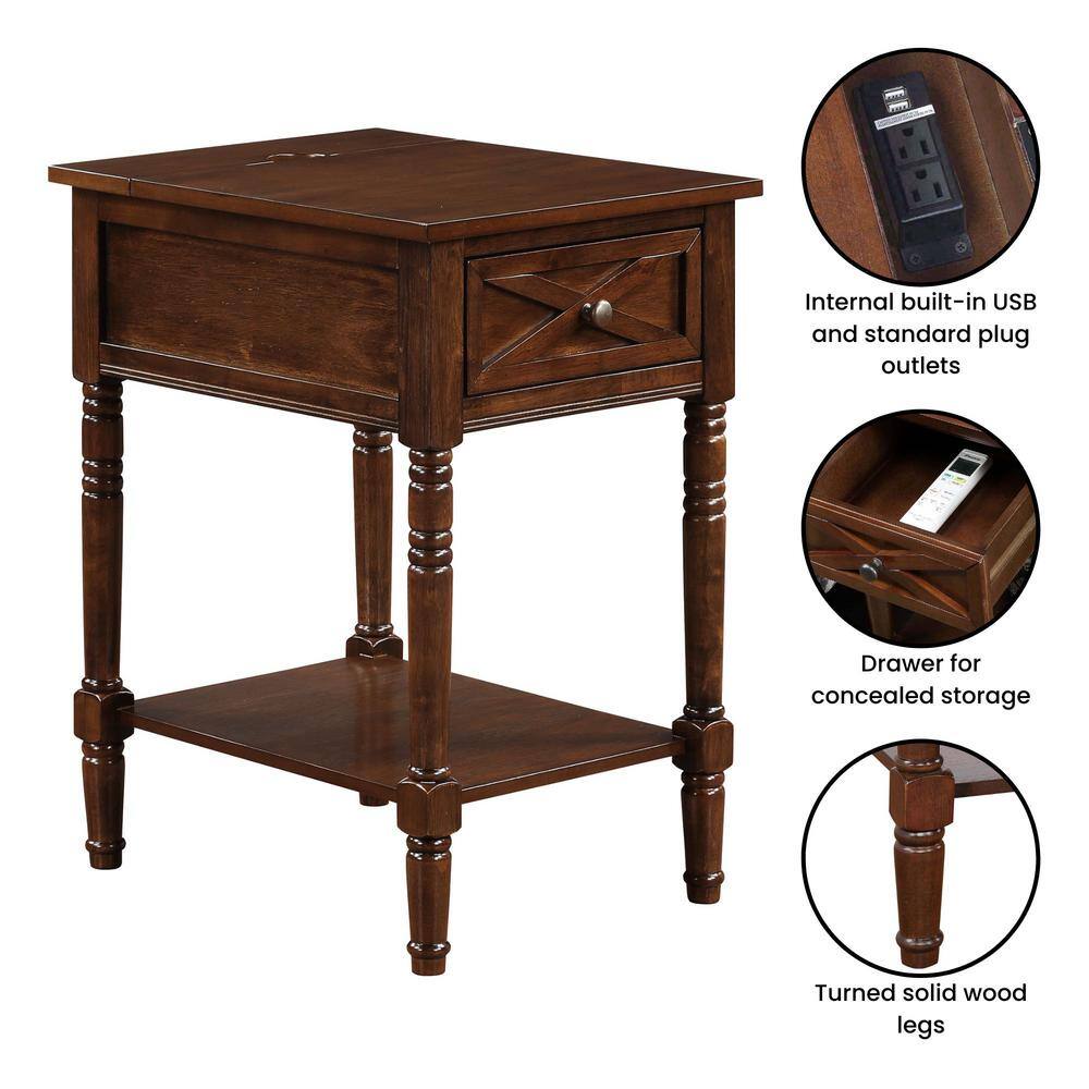 Espresso Wood End Table with Charging Station and Storage