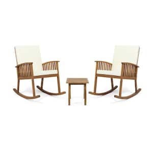 Alabelle Brown Patina 3-Piece Wood Patio Conversation Seating Set with Cream Cushions