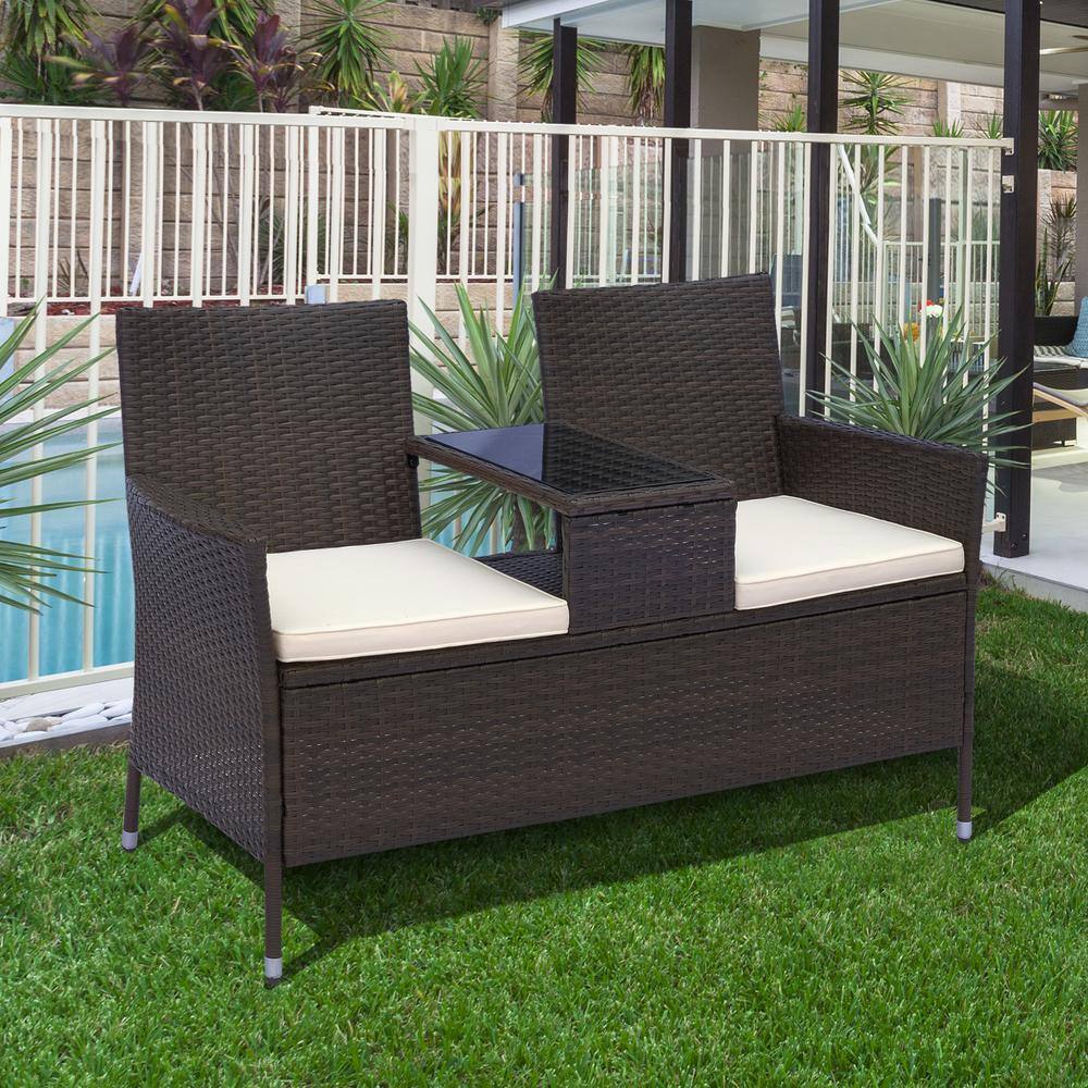 Modern 2-Person Rattan Loveseat with Built-in Glass Table - Brown