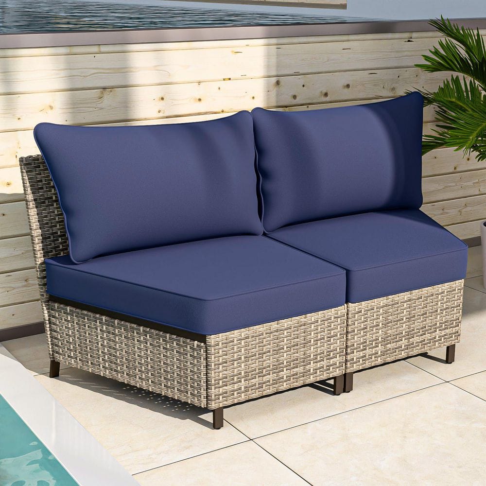 2-Seat Armless Brown Wicker Patio Outdoor Curved Sectional Sofa Set with Blue Cushions price history on PriceWatchPro