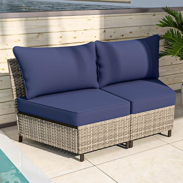COOS BAY 2-Seat Armless Brown Wicker Patio Outdoor Curved Sectional Sofa Set with Blue Cushions