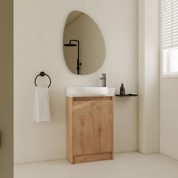 23 in. x 12.4 in. Wall-Mounted Natural Oak Bath Vanity with White Round Ceramic Sink Top, Soft-Close Door (Unassembled)