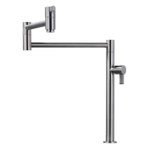 Solid Brass Deck Mount Pot Filler Faucet, Pot Filler with Stretchable Double Joint Swing Arm in Brushed Nickel