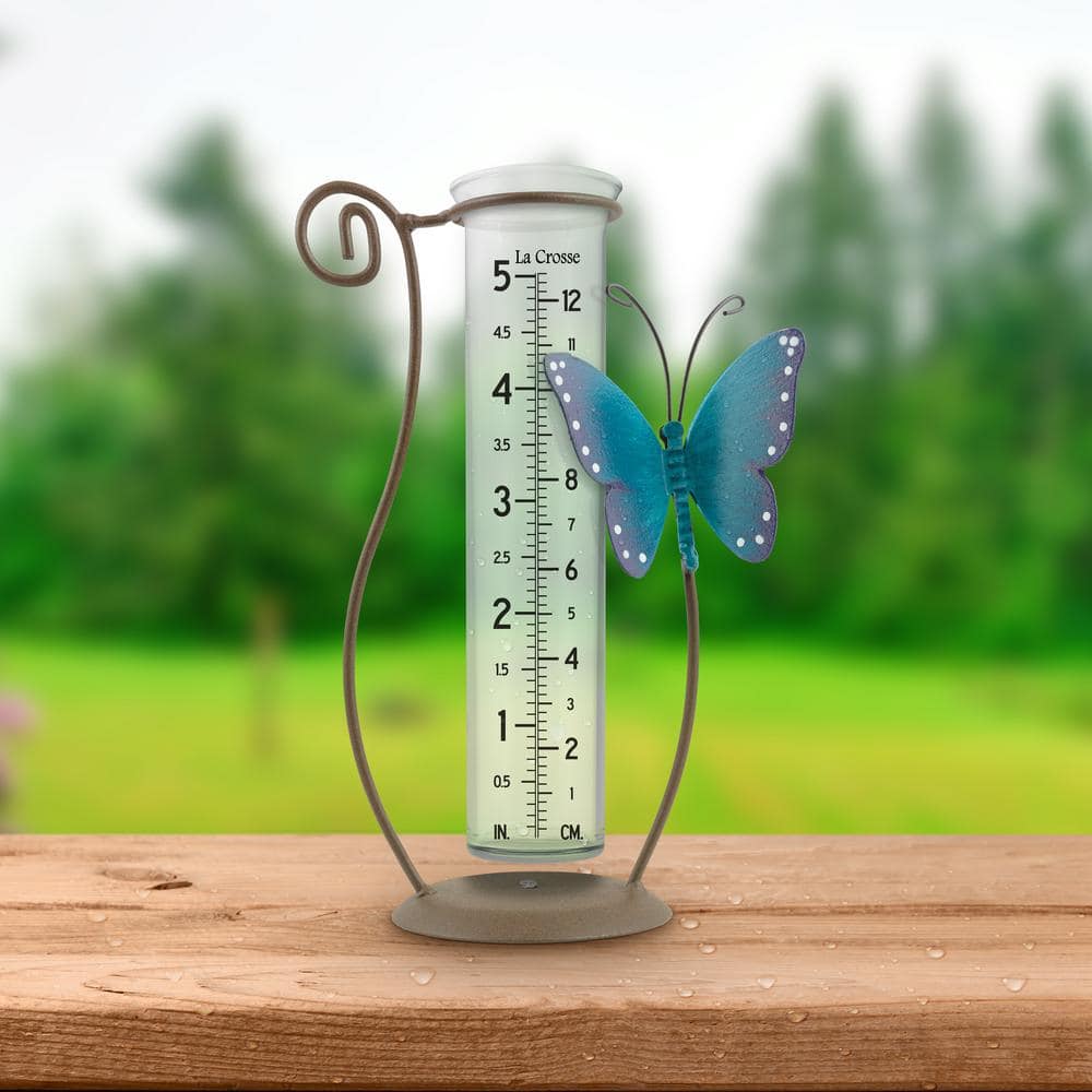 Blue Butterfly Handcrafted Glass Rain Gauge with Metal Stand