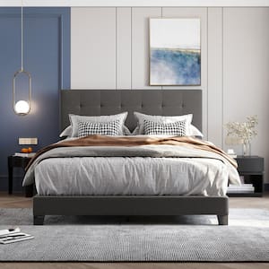 84 in.W Gray Queen Size Upholstered Platform Bed with Tufted Headboard, Upholstered Bed Frame, Box Spring Needed