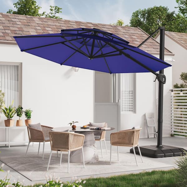 11 ft. Double Top Patio Hanging Octagon Cantilever Umbrella with 360° Rotating Canopy in Navy Blue