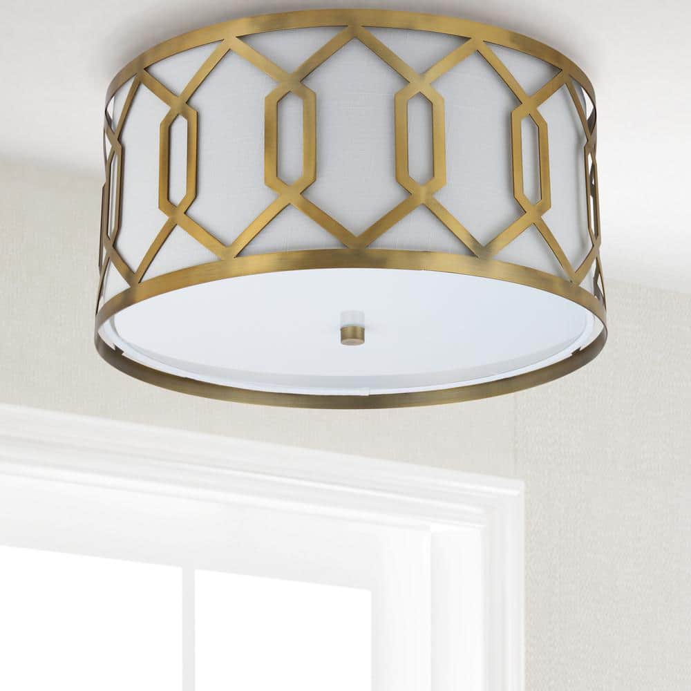Satin Brass Hex 3-Light 16.25" Metal LED Flush Mount with Linen Shade