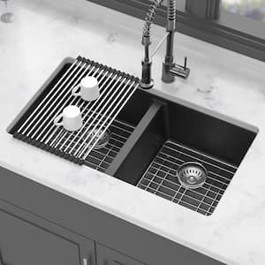 33 in. Undermount Double Bowl Black Quartz Kitchen Sink with Bottom Grids