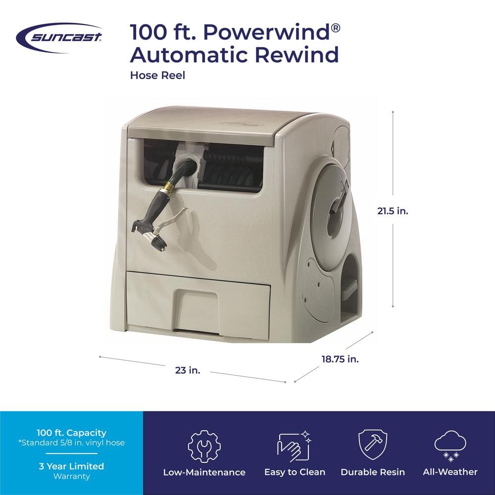 Taupe Resin Automatic Rewind Garden Hose Reel