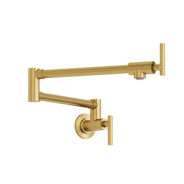 25in. Wall‑Mounted Pot Filler Kitchen Faucet with Dual Handles, 360° Swivel Foldable Spout in Brushed  Gold