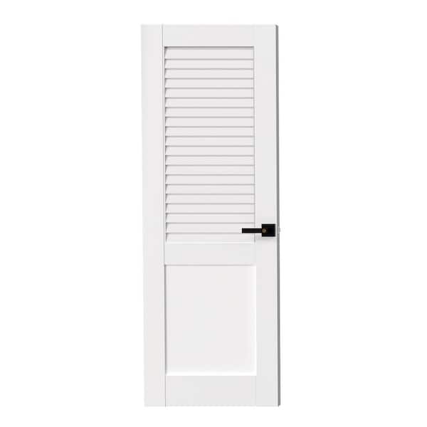 32 in. x 80 in. Half Louvered Panel, Composite, MDF, White Primed Interior Door Slab With Black Lever Handle