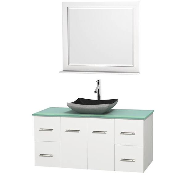Wyndham Collection Centra 48 in. Vanity in White with Glass Vanity Top in Green, Black Granite Sink and 36 in. Mirror