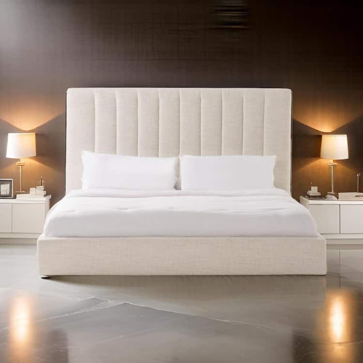 Benjara Valy White and Chrome Wood Frame King Platform Bed with Upholstered Headboard