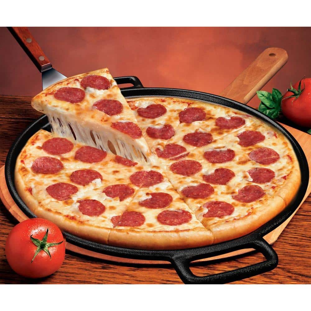 14" Black Cast Iron Round Pizza Pan with Handles